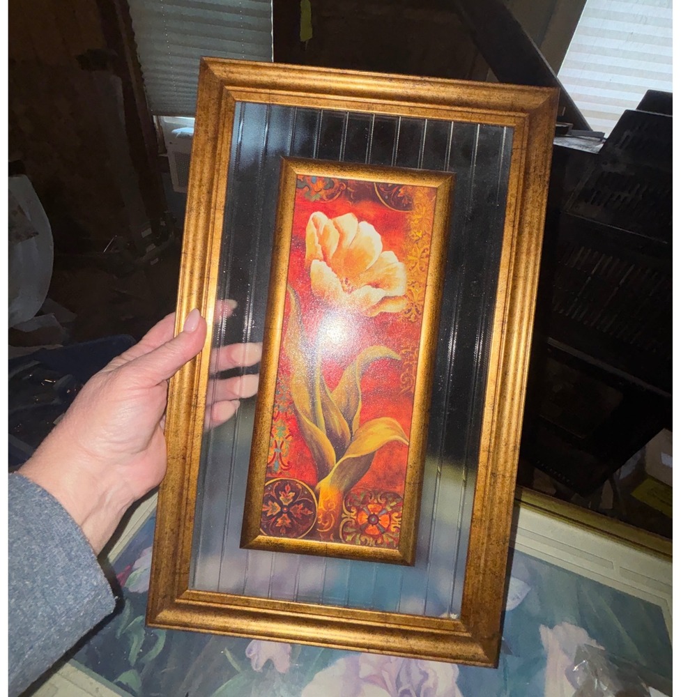 Vintage Gold Framed Yellow Tulip Floral Wall Art with Ribbed Textured Glass